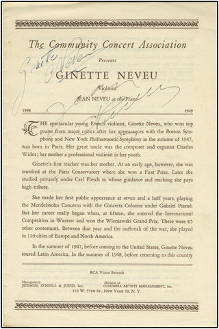 Neveu, Ginette. (1919 – 1949) Extremely Rare Signed Program