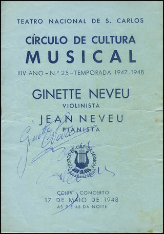 Neveu, Ginette. (1919 – 1949) Signed Program