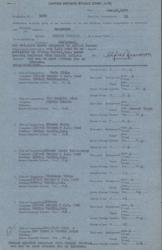 Newman, Alfred.  (1900–1970) Signed Contract