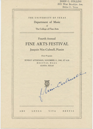 Nin-Culmell, Joaquin. (1908–2004) Signed Program