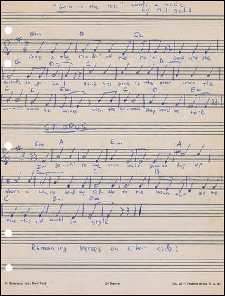 [Jazz &amp; Song] Ochs, Phil. (1940–1976)  "Goin’ to the Mountain" - Autograph Song Manuscript