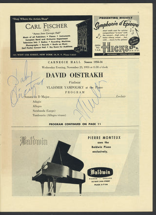 Oistrakh, David. (1908–1974) & Yampolsky, Vladimir. (1905–1965) Signed Carnegie Hall Program