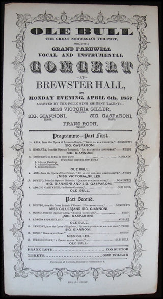 Bull, Ole. (1810–1880) [Paganini, Nicolò. (1782–1840)] 1857 New York Broadside with First NY Paganini Concerto Performance