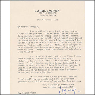 Olivier, Laurence. (1907–1989) Interesting Letter to George Cukor about "Love Among the Ruins."