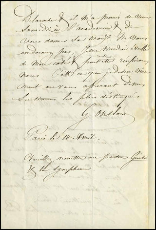 Onslow, George. (1784–1853) Autograph Letter to George Kastner