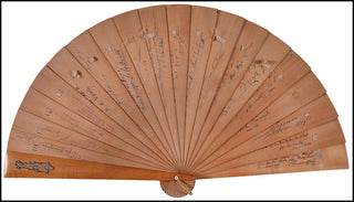 [Opera &amp; Theatre] Caruso, Mascagni, Bernhardt etc. Signed Wooden Fan with Musical Quotations and Original Paintings