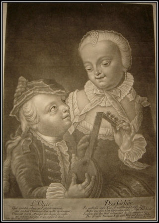 [Music Iconography]  "L'Ouïe. Das Gehör,"  Superb Large 18th c. Mezzotint