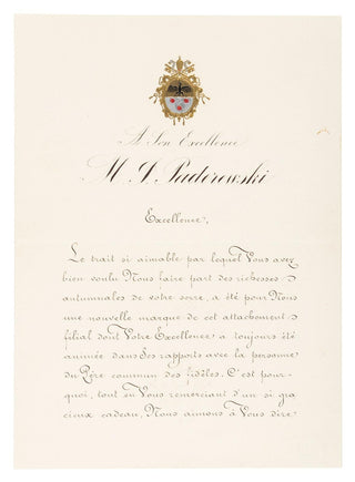 [Paderewski, Ignace Jan. (1860–1941)] Pope Pius XI. (1857–1939) Signed Letter to Paderewski from Pope Pius XI