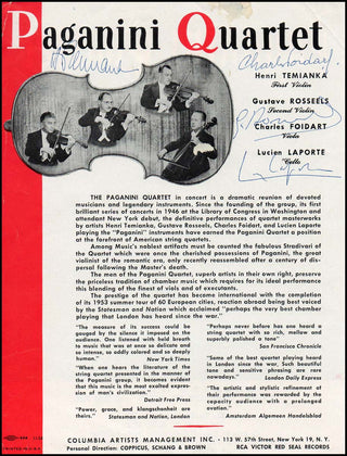 [String Quartets] Paganini Quartet. (1946 - 1966) [Temianka, Henri. (1906 - 1992)] Signed Photograph Broadside