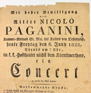 Paganini, Nicolò. (1782–1840) 1828 Vienna Concert Broadside from his first International Tour