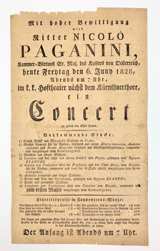 Paganini, Nicolò. (1782–1840) 1828 Vienna Concert Broadside from his first International Tour