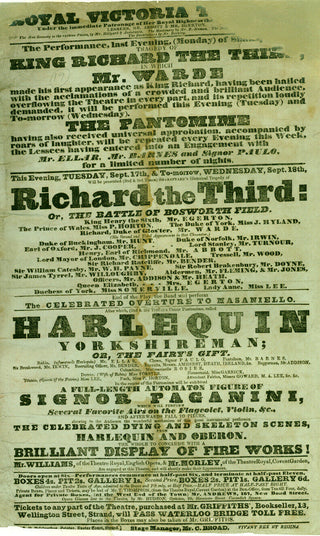 [Paganini, Nicolò. (1782–1840)] [Automaton] 1833 Broadside Playbill advertising A FULL-LENGTH AUTOMATON FIGURE OF SIGNOR PAGANINI