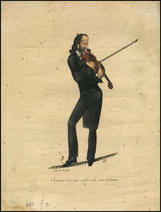 Paganini, Nicolò. (1782–1840) Original 1831 Color Lithograph Portrait - "Exercices sur une seule corde sans balancier."