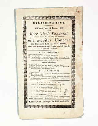 Paganini, Nicolò. (1782–1840) 1829 Dresden Concert Broadside from his first International Tour