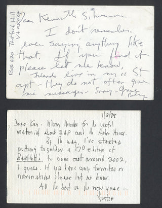 Paley, Grace. (1922–2007) & Kaplan, Justin. (1925–2014) & Lewis, R. W. B. (1917–2002) [Silverman, Kenneth. (1936–2017)] Group of Letters to Author Ken Silverman