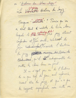 Panassié, Hugues. (1912-1974)  "La Vraie Histoire du Jazz" - Autograph Book Manuscript