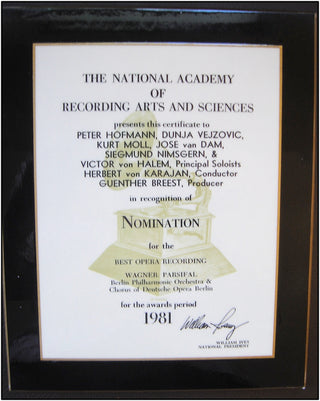 [Wagner] The National Academy of Recording Arts and Sciences Original Mounted Nomination Certificate for Best Opera Recording, 1981 "Parsifal"