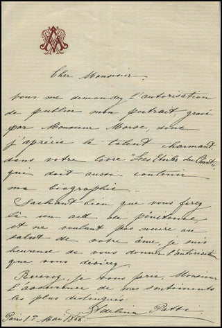 Patti, Adelina. (1843–1919) Autograph Letter regarding Portrait in "Les Etoiles du Chant."