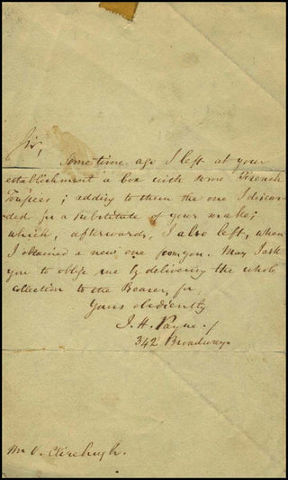 Payne, John Howard. (1791 - 1852) Autograph Letter from the author of "Home! Sweet Home!"