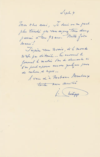 Philipp, Isidor. (1863–1958) [Monteux, Pierre. (1875–1964)] "I hope to see you again, if the world has not been destroyed" - Autograph Letter Signed to Pierre Monteux