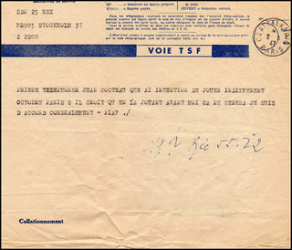 Piaf, Edith. (1915–1963) Telegram regarding Cocteau's "L'indiferrent."