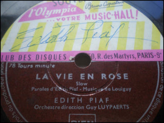 [Jazz & Song] Piaf, Edith. (1915–1963) "La Vie en Rose" - Autograph Signature on Record label