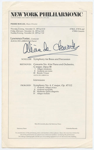 [Pianists] Leinsdorf, Erich. (1912–1993) & Watts, André. (b. 1946) & Graffman, Gary. (b. 1928) & De Larrocha, Alicia. (1923–2009) & Weissenberg, Alexis. (1929–2012) Collection of Signed Program Pages