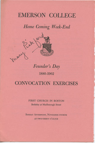 Pickford, Mary. (1892–1979) Signed Emerson College Convocation Program