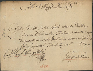 [Steffani, Agostino. (1654–1728)] Pina, Gregorio. Wage Advance Receipt from the Camera Elettorale, 1692