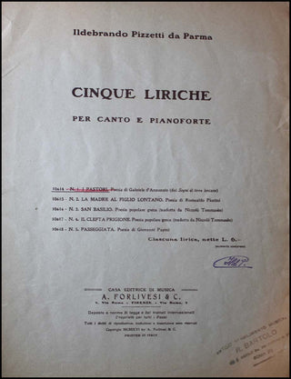 Pizzetti, Ildebrando. (1880-1968) [D&apos;Annunzio, Gabriele. (1863 -1938)] I Pastori. Lirica per canto e pianoforte.