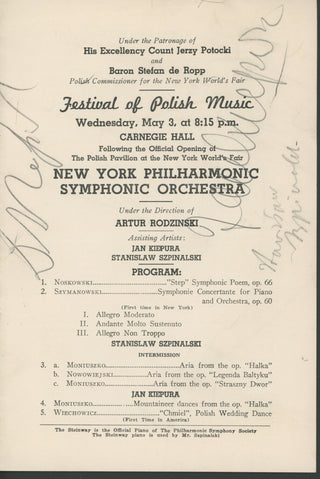 [Polish Music] Rodzinski, Artur. (1892–1958) & Kiepura, Jan. (1902–1966) & Szpinalski, Stanislaw. (1901–1957) "Festival of Polish Music" - Signed Program