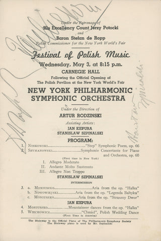 [Polish Music] Rodzinski, Artur. (1892–1958) & Kiepura, Jan. (1902–1966) & Szpinalski, Stanislaw. (1901–1957) "Festival of Polish Music" – Signed Program