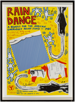 [Pop Art] Basquiat, Jean-Michel. (1960–1988) & Haring, Keith. (1958–1990) & Lichtenstein, Roy. (1923–1997) & Ono, Yoko. (b.1933) & Warhol, Andy. (1928–1987) Rain Dance Benefit, poster, 1985 - SIGNED BY FIVE ARTISTS