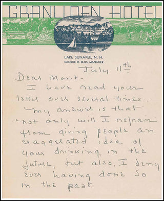 Porter, Cole. (1891–1964) "I [will] refrain from giving people an exaggerated idea of your drinking" - Autograph Letter to Monty Woolley