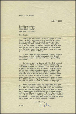 Porter, Cole. (1891–1964) Letter Regarding the reception of Can-Can and his intention to begin work on Silk Stockings