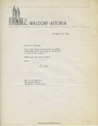 Porter, Cole. (1891–1964) [Woolley, Monty. (1888–1963)] Typed Letter Signed