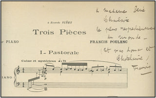 Poulenc, Francis. (1899-1963) Trois Pièces pour piano [Set of 3] - Each Inscribed by the Composer.