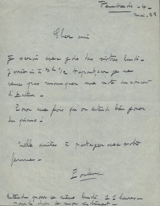 [Rubinstein, Arthur. (1887–1982)] Poulenc, Francis. (1899–1963) Autograph Letter - "I don't want to miss a note of Arthur's concert"