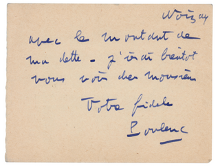 Poulenc, Francis. (1899-1963)  Autograph Note to Yevgeny Gunst