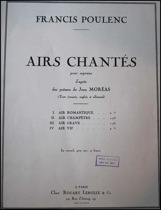 Poulenc, Francis. (1899-1963) Airs chantés.  Pour soprano d’après des poèms de Jean Moréas.