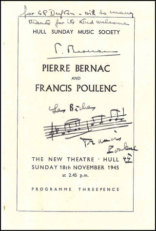 Poulenc, Francis. (1899-1963) &amp; Bernac, Pierre. (1899-1979) "Les Biches" - Autograph Musical Quotation on Recital Program