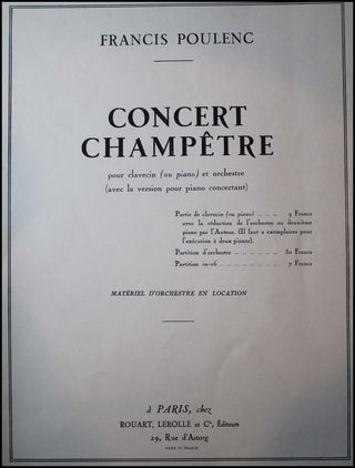 Poulenc, Francis. (1899-1963) Concert champêtre.  Pour clavecin (ou piano) et orchestra (avec la version pour piano concertant).