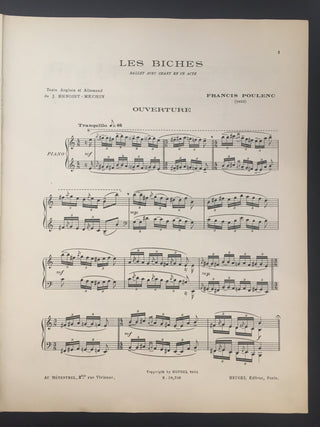 Poulenc, Francis. (1899–1963) [Heugel, Jacques. (1890–1979)] Les Biches - INSCRIBED TO HIS PUBLISHER