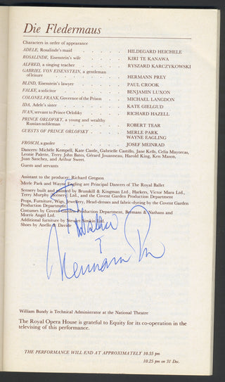 Prey, Hermann. (1929–1998) Signed "Fledermaus" Program