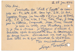 Prokofiev, Sergei. (1891-1953)  [Defauw, Désiré. (1885–1960)] Autograph Letter Signed