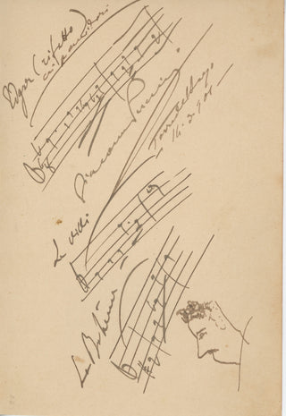 Puccini, Giacomo. (1858–1924) Triple Autograph Musical Quotation with Self-Portrait Sketch