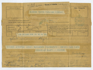 Puccini, Giacomo. (1858–1924) [Mugnone, Leopoldo. (1858–1941)] Original Telegrams to Mugnone