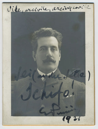 Puccini, Giacomo. (1858–1924) "Vile, Arcivile, Arcivescovile... Schifo!" - Humorous Signed Photograph