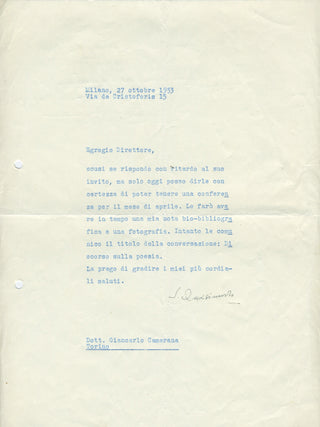 Quasimodo, Salvatore. (1901–1968) "...the title of the conversation: Discourse on Poetry" - Typed Letter Signed