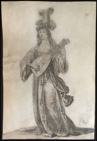 [Music Iconography, Lute] Quast, Pieter Jansz. (1606 - 1647) Elegant lady playing the lute - ORIGINAL 1641 DRAWING